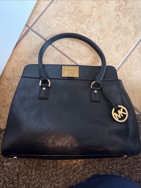 Michael Kors Black Leather Satchel with Gold Accent Charm